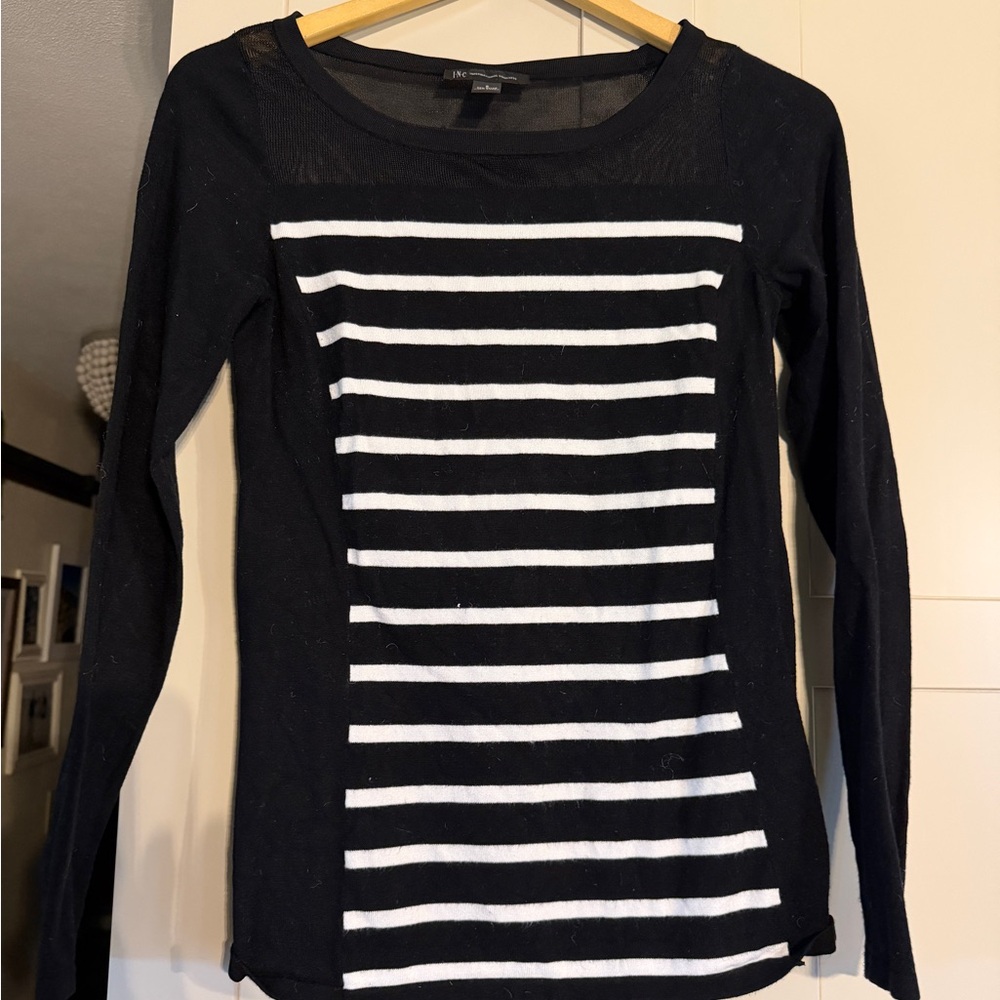 INC lightweight black white sweater, the yoke is sheer, size S